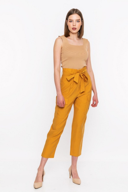 Picture of Woman Mustard Mustard Yellow Belt Detayli Side with pockets Trousers