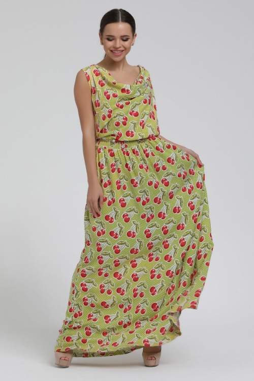 Picture of Woman Yellow Cherry Patterned Sleevless Long Maxi Dress