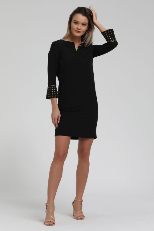 Picture of Woman Black handles stapled V Neck Short Dress