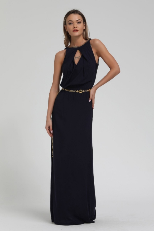 Picture of Woman Black Sleevless Neck Partial Rhinestone Long Maxi Dress