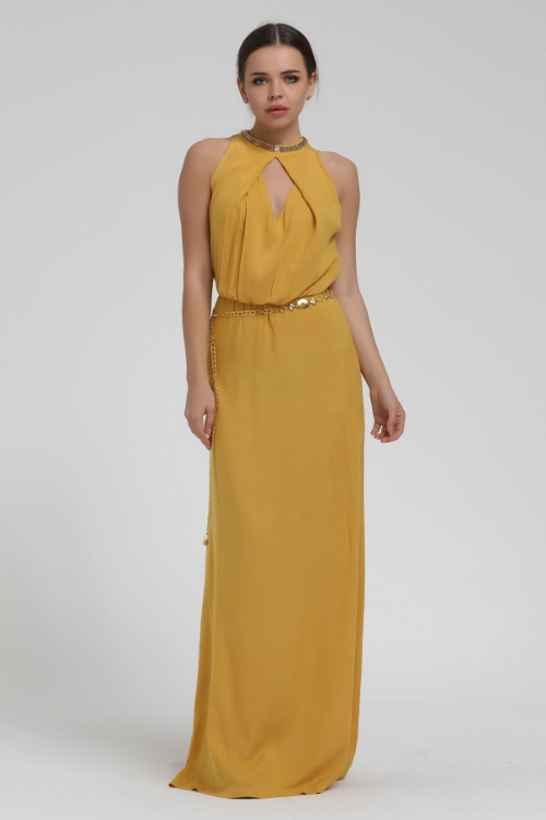 Kadın Sarı Kolsuz Boyun Kısmı Taşlı Uzun Elbise resmi