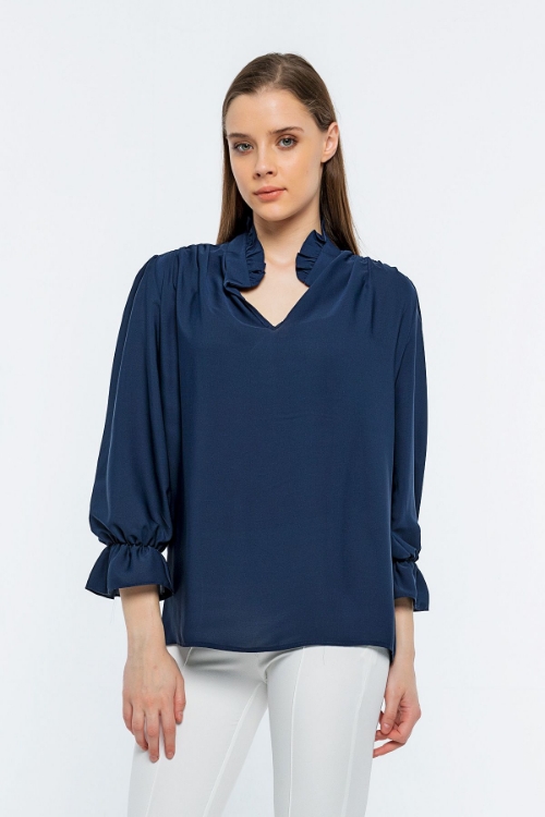 Picture of Woman Navy Navy Blue handle Elastic V Neck three quarter Trojan Sleeve Blouse