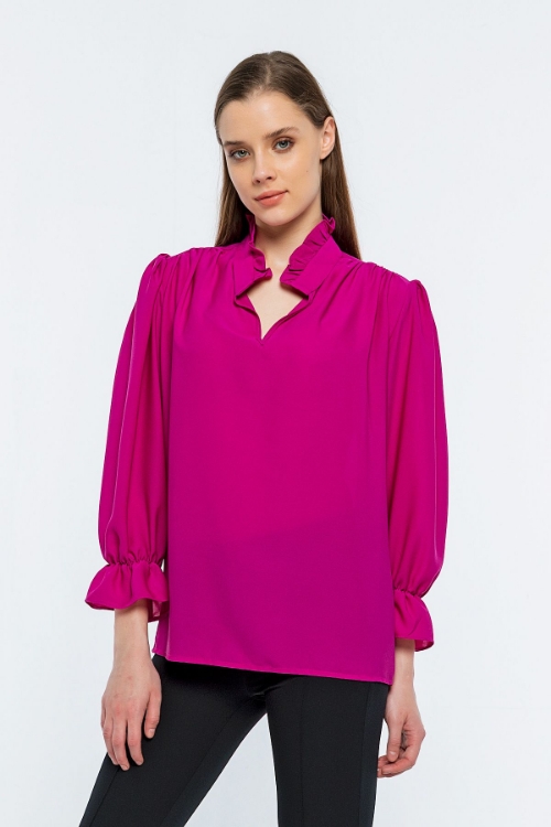 Picture of Woman Fuchsia handle Elastic V Neck three quarter Trojan Sleeve Blouse