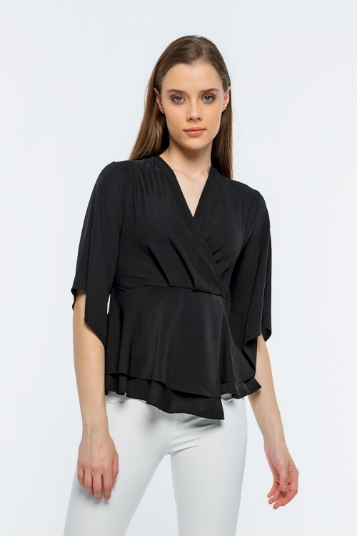 Picture of Woman Black Double breasted three quarter Trojan Sleeve Work Blouse