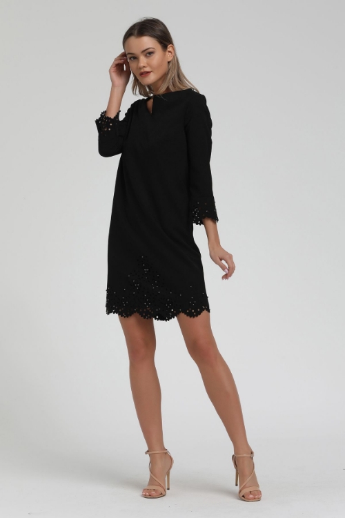 Picture of Woman Black Laser Cut Short Dress