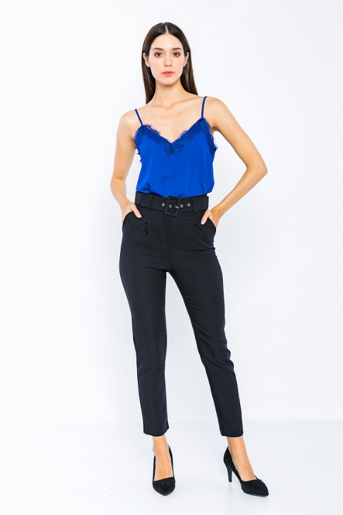 Picture of Woman Black High Waist Belted Normal Trotter Trousers