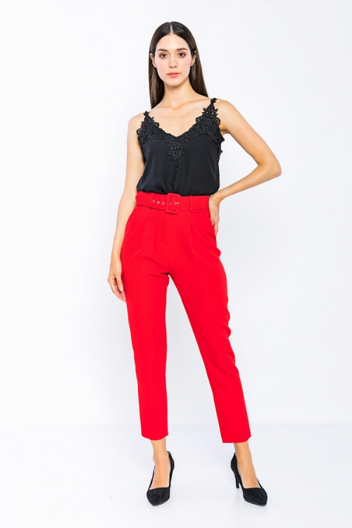 Picture of Woman Red High Waist Belted Normal Trotter Trousers