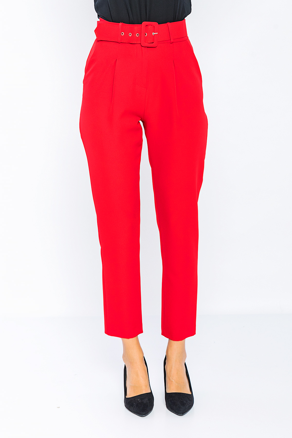 Picture of Woman Red High Waist Belted Normal Trotter Trousers