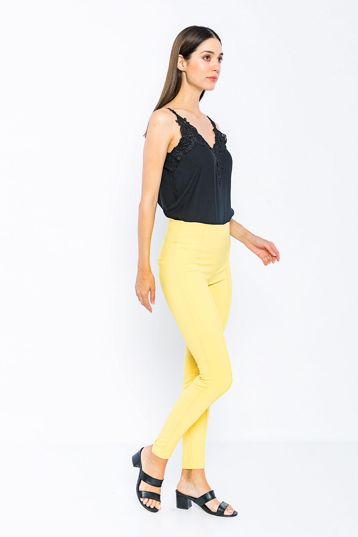 Kadın Sarı Yüksek Bel Fermuarlı Dar Paça Pantolon resmi