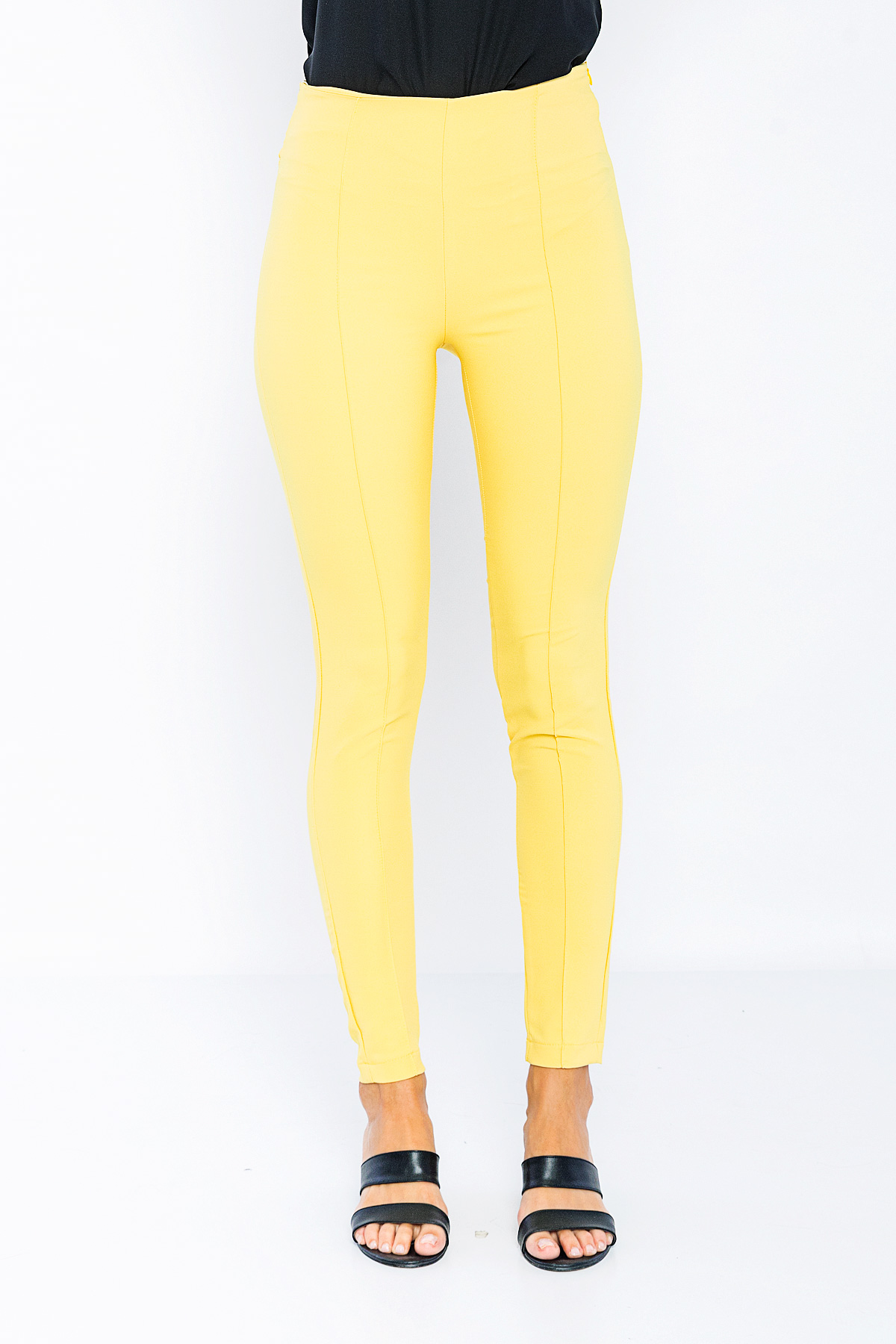Kadın Sarı Yüksek Bel Fermuarlı Dar Paça Pantolon resmi