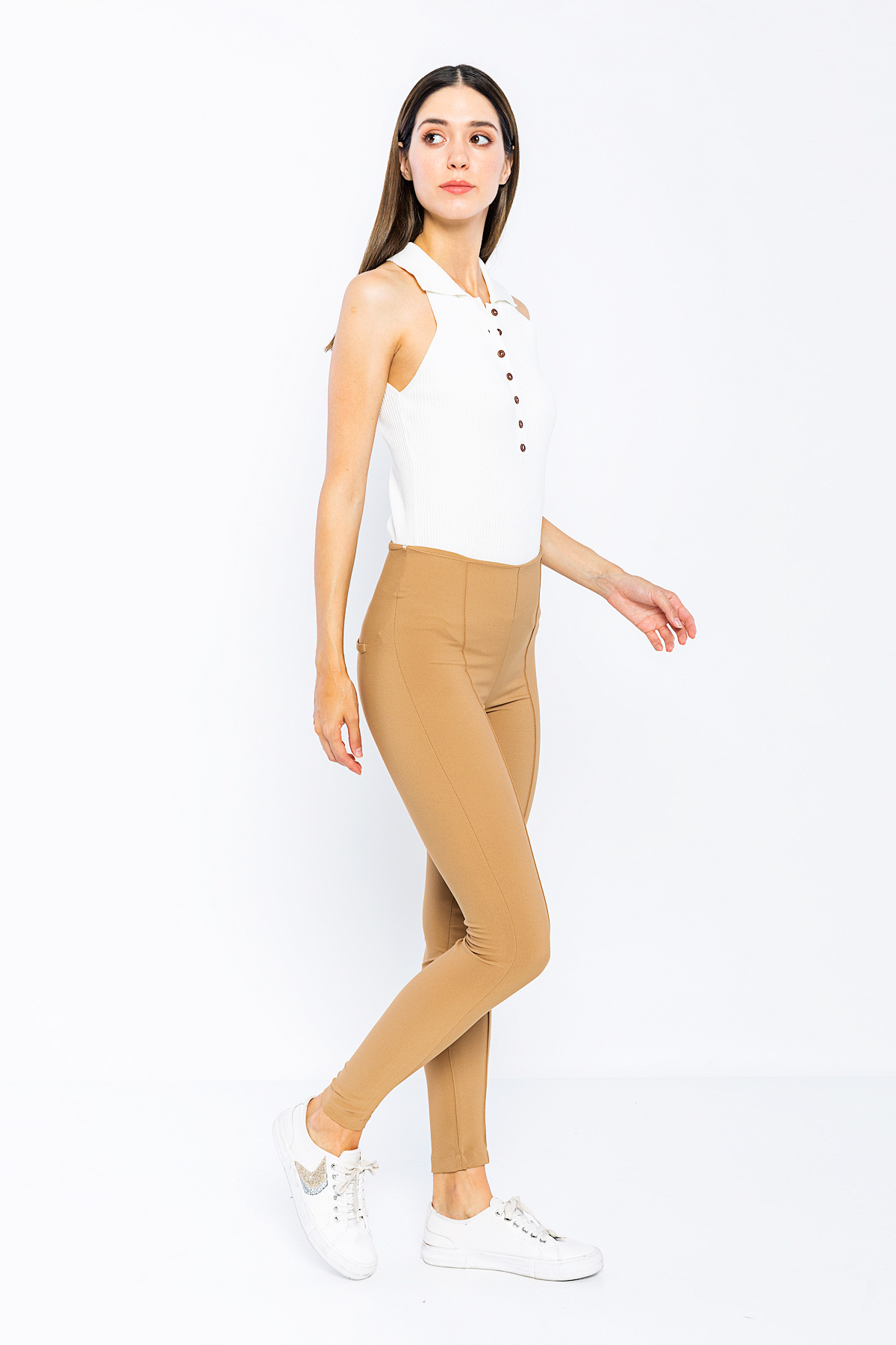 Picture of Woman Camel High Waist Zipped Skinny Trotter Trousers