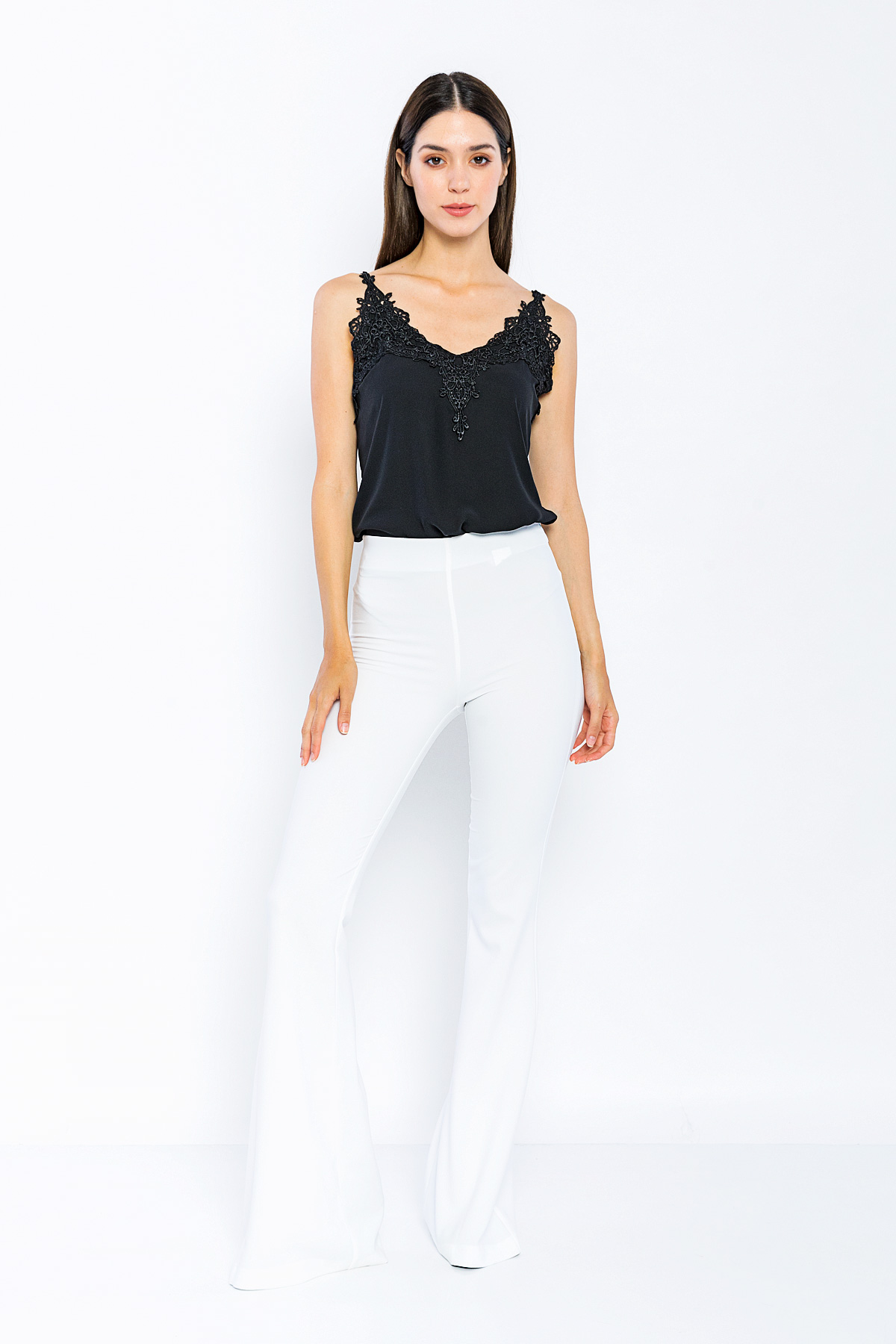 Kadın Beyaz Yüksek Bel Klasik İspanyol Paça Pantolon resmi