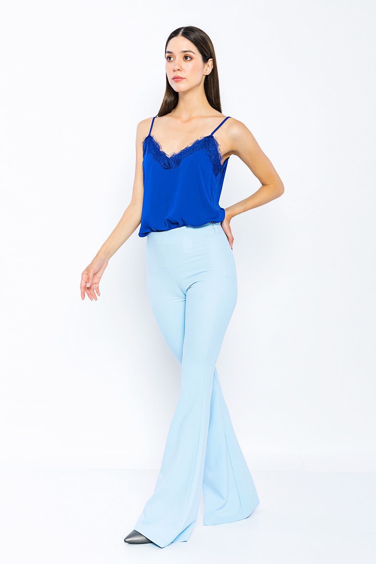 Picture of Woman Bebe Blue High Waist Classical Flare Trotter Trousers