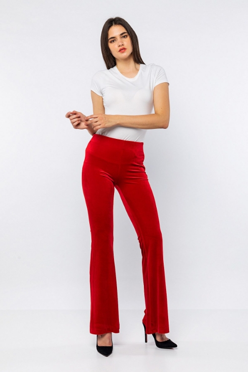 Kadın Kırmızı Kadife İspanyol Paça Pantolon resmi