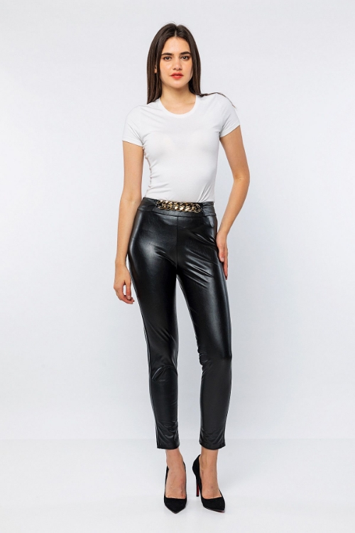 Picture of Woman Black Chain Detailed Leather Trousers