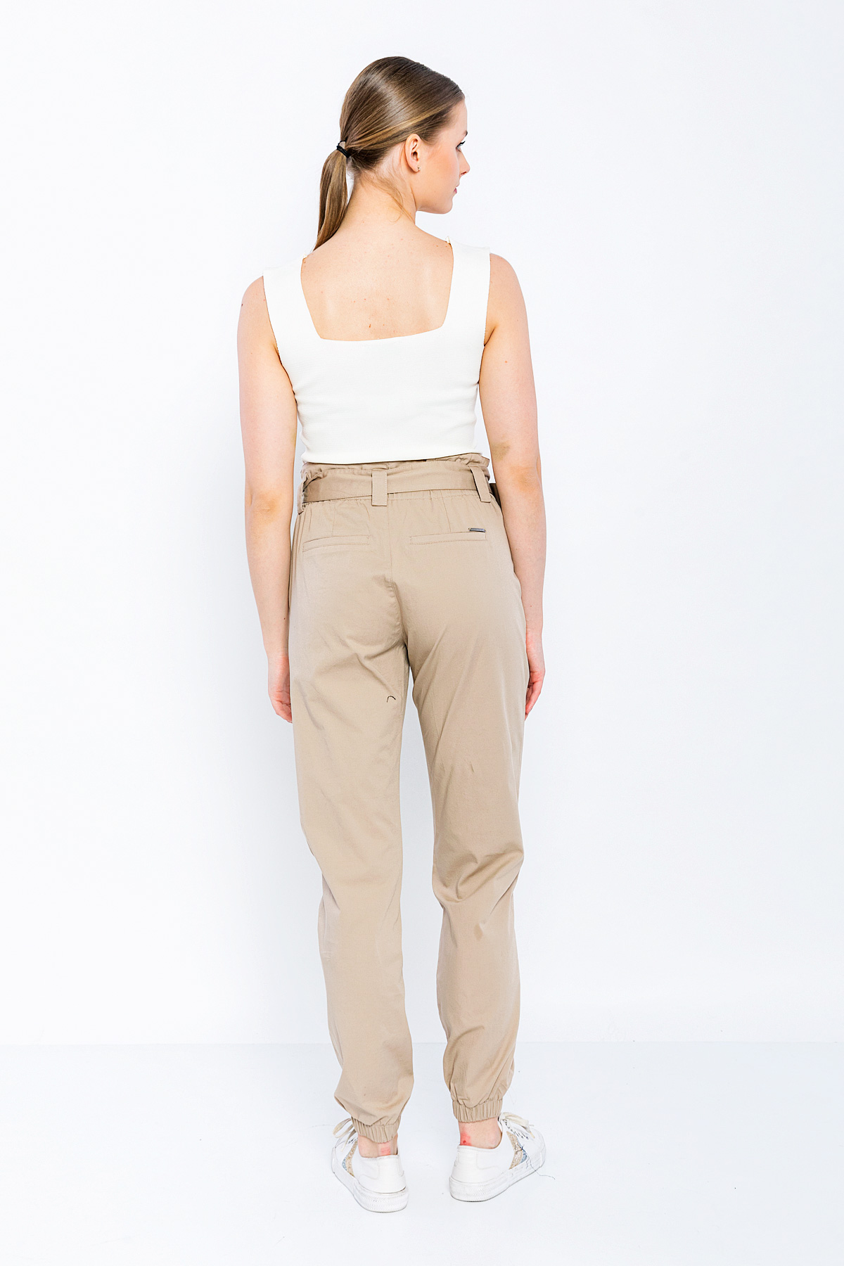Picture of Woman Beige side with pockets Belted casual Trousers