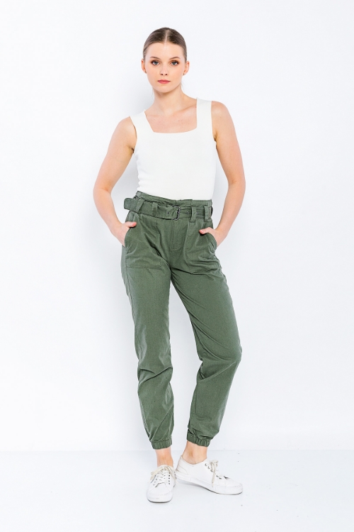 Picture of Woman Khaki side with pockets Belted casual Trousers