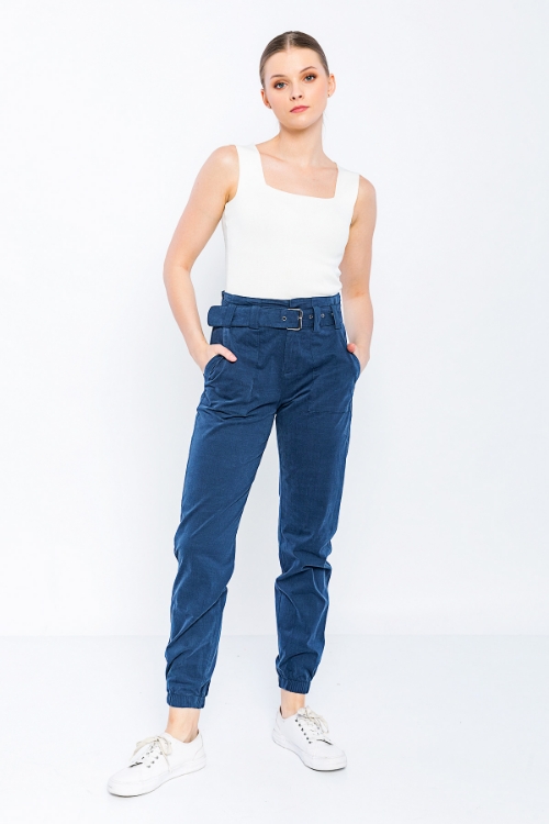 Picture of Woman Indigo Blue indigo side with pockets Belted casual Trousers