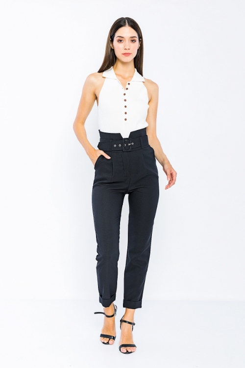 Picture of Woman Black High Waist Belted Classical Work Trousers