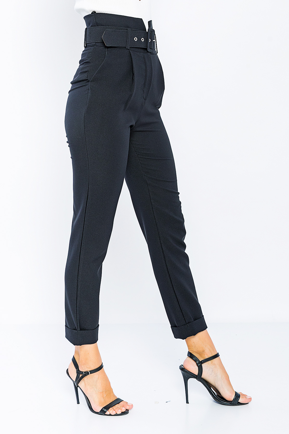 Picture of Woman Black High Waist Belted Classical Work Trousers