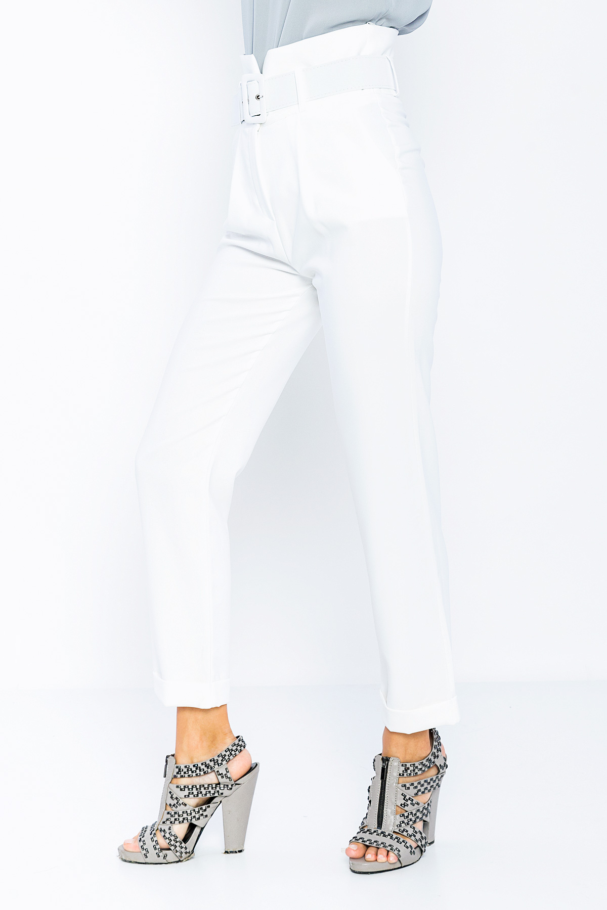 Picture of Woman White High Waist Belted Classical Work Trousers