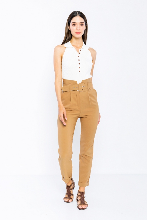 Picture of Woman Camel High Waist Belted Classical Work Trousers