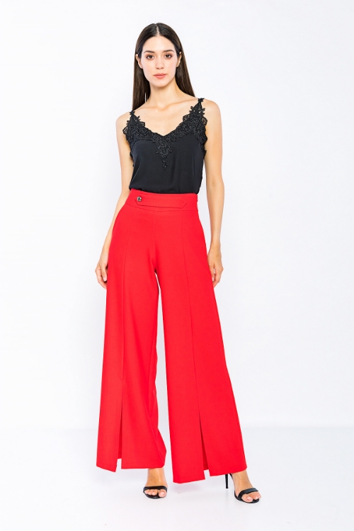 Picture of Woman Red Loose Cut Slit Trotter Trousers