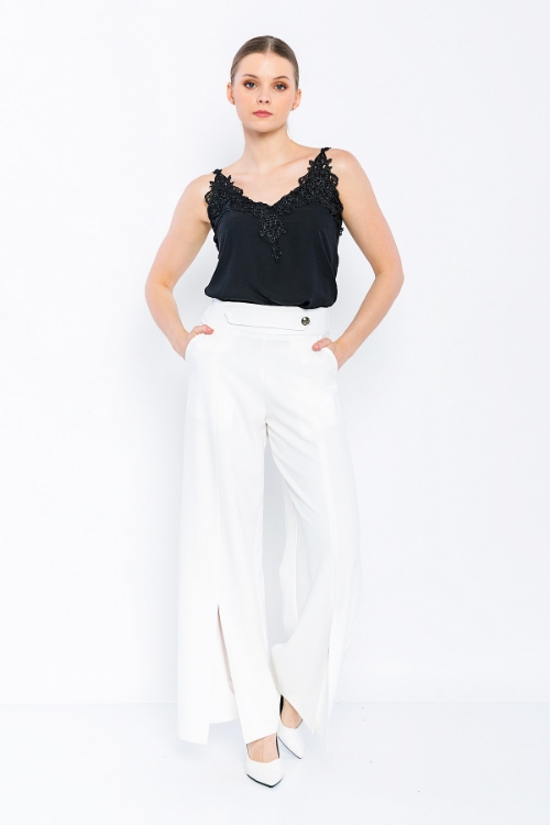 Picture of Woman White Loose Cut Slit Trotter Trousers