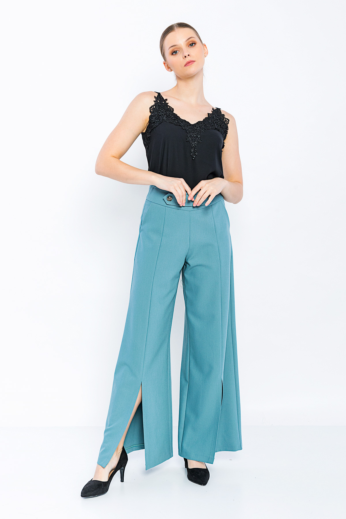 Picture of Woman Blue Loose Cut Slit Trotter Trousers