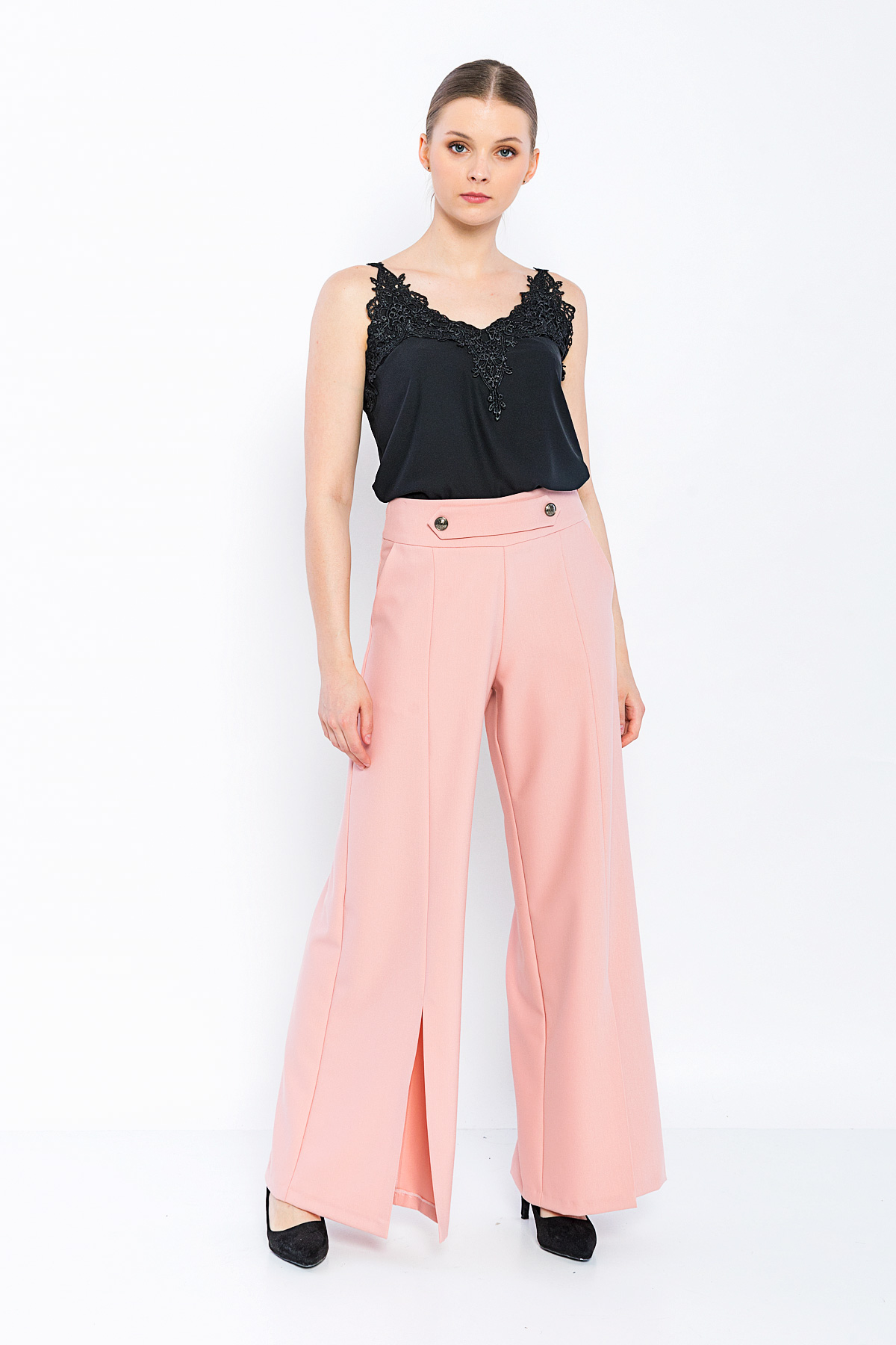 Picture of Woman Powder Loose Cut Slit Trotter Trousers