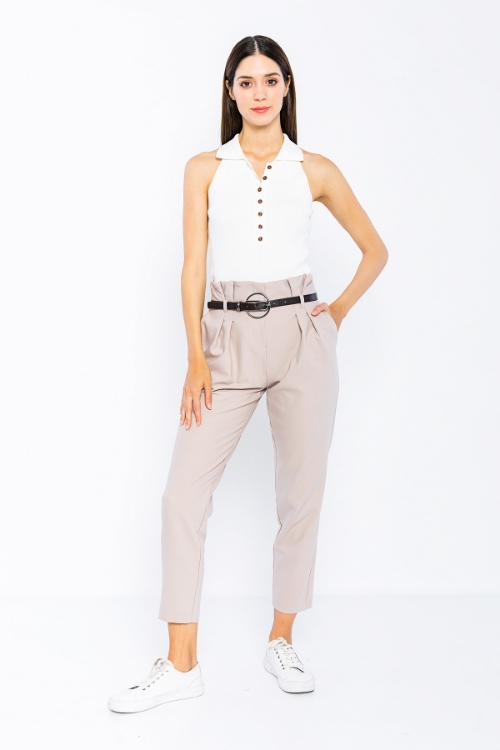 Picture of Woman Beige High Waist Belted Work Trousers