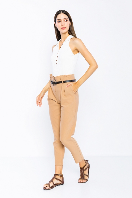 Picture of Woman Camel High Waist Belted Work Trousers