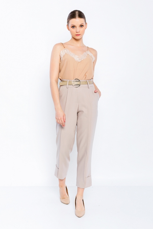 Picture of Woman Beige Loose Cut Design Belted Trousers