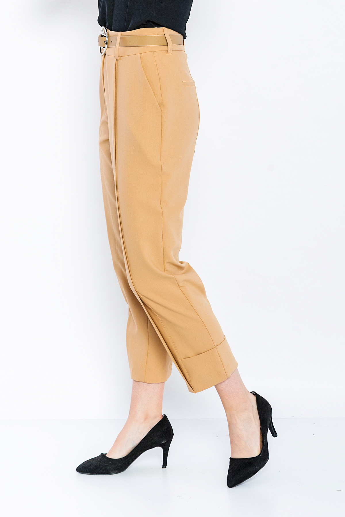 Kadın Camel Bol Kesim Tasarım Kemerli Pantolon resmi