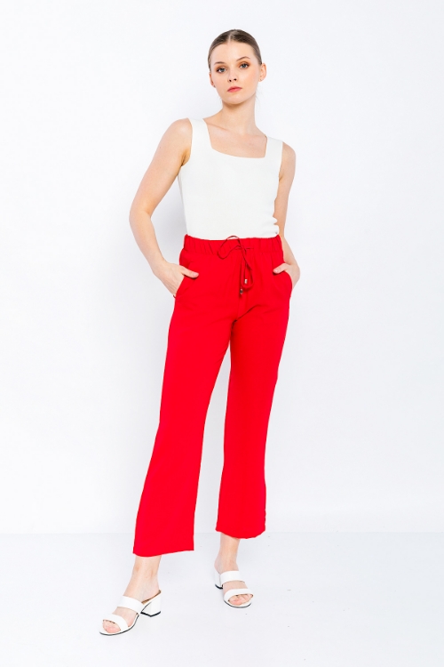 Kadın Kırmızı Rahat Kesim Saten Kumaş Pantolon resmi