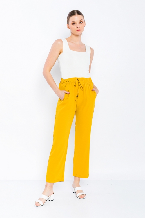 Picture of Woman Mustard Mustard Yellow Comfortable Cut Satin Material Trousers