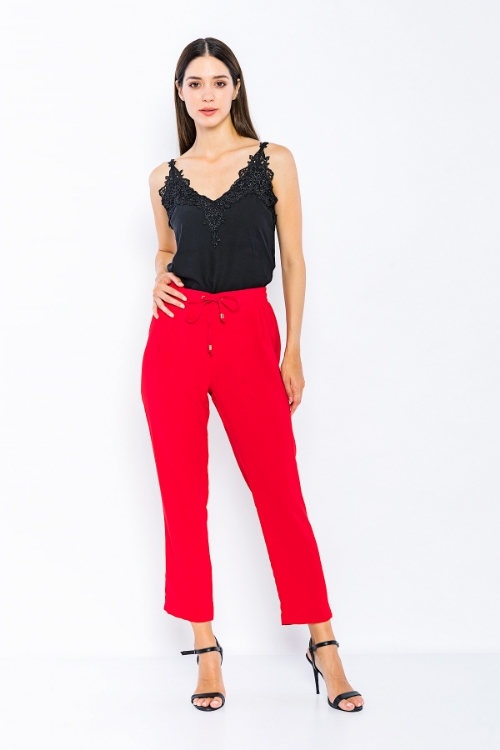 Kadın Kırmızı Kuş Gözlü Saten Kumaş Salaş Pantolon resmi