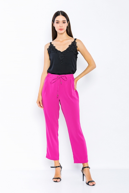 Picture of Woman Fuchsia Bird Gözlü Satin Material Loose Trousers