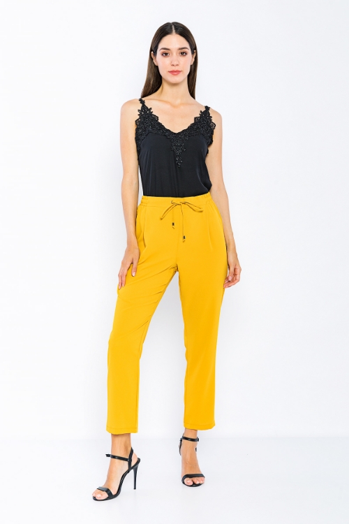 Picture of Woman Mustard Mustard Yellow Bird Gözlü Satin Material Loose Trousers