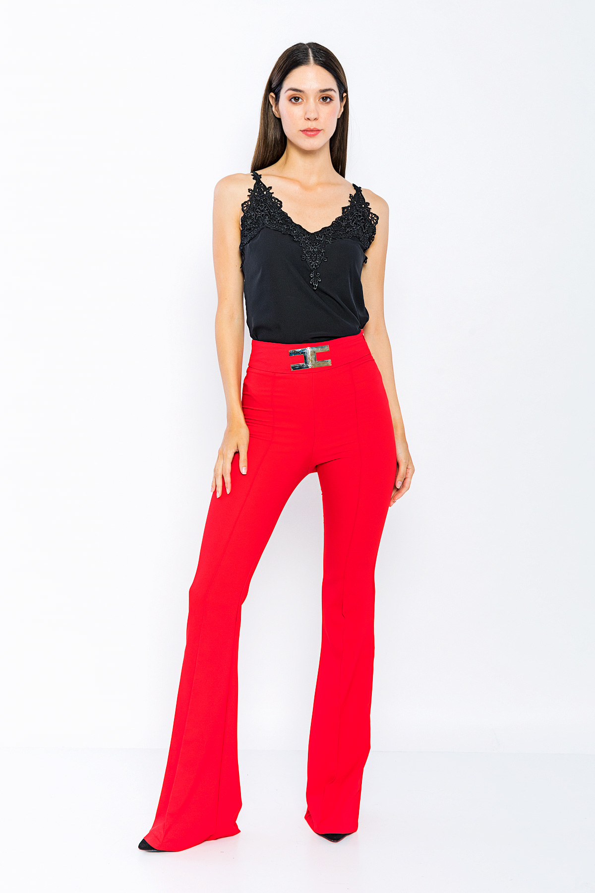 Kadın Kırmızı Yüksek Bel Tokalı İspanyol Paça Pantolon resmi