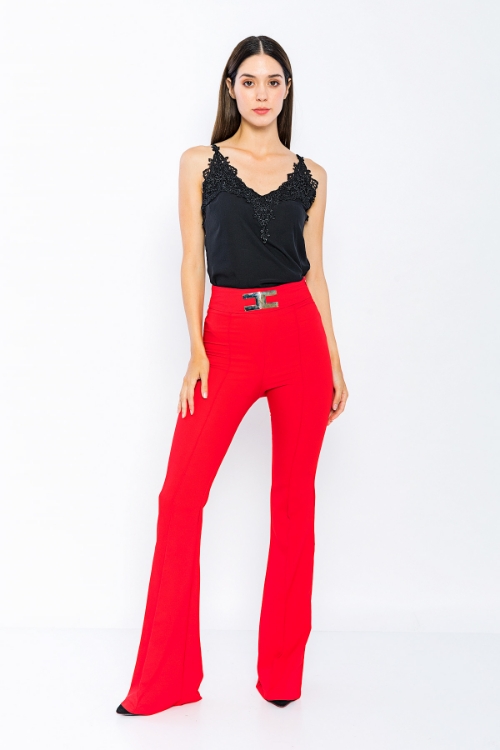 Picture of Woman Red High Waist Tokalı Flare Trotter Trousers