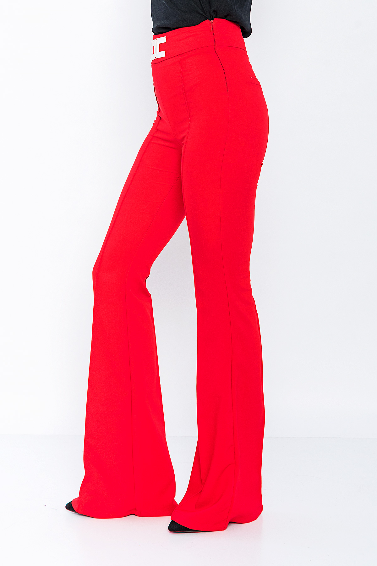 Kadın Kırmızı Yüksek Bel Tokalı İspanyol Paça Pantolon resmi