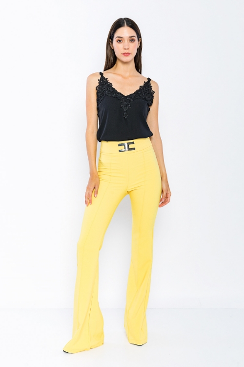 Picture of Woman Yellow High Waist Tokalı Flare Trotter Trousers