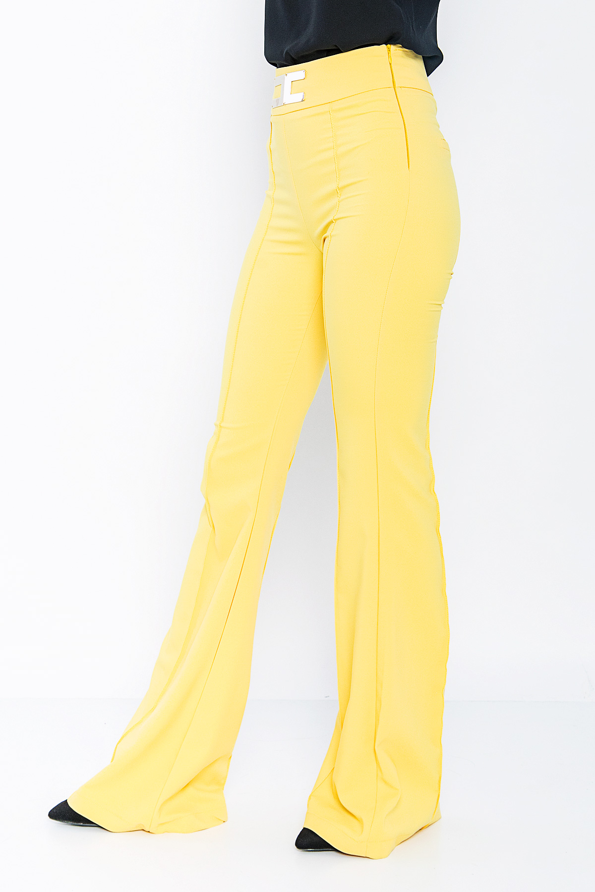 Kadın Sarı Yüksek Bel Tokalı İspanyol Paça Pantolon resmi
