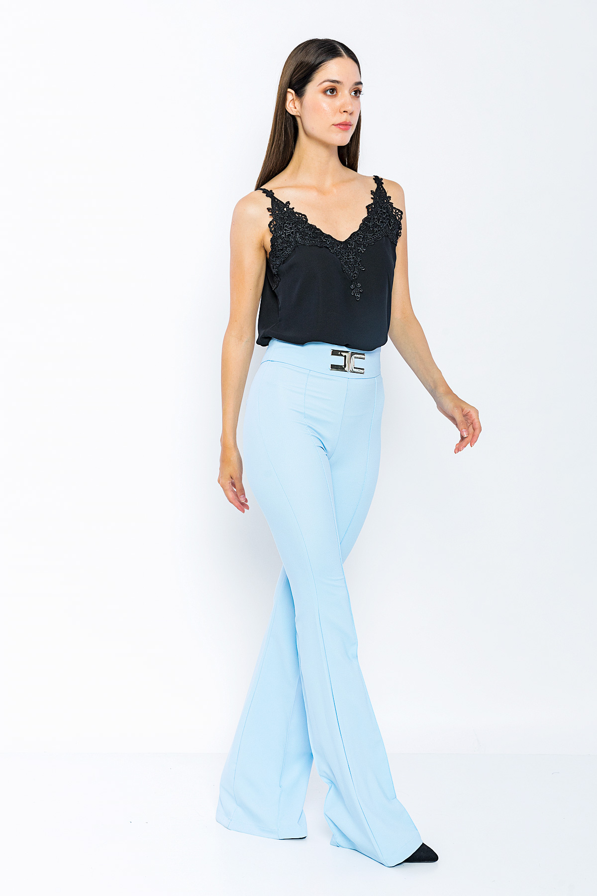 Picture of Woman Bebe Blue High Waist Tokalı Flare Trotter Trousers