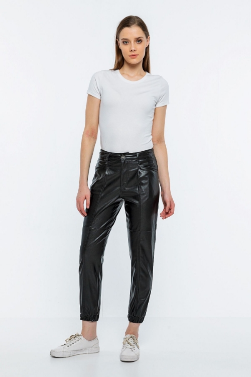 Picture of Woman Black Trotter Detailed Leather Trousers