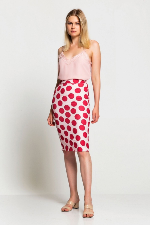 Picture of Woman Fuchsia Polka Dot Pencil Skirt