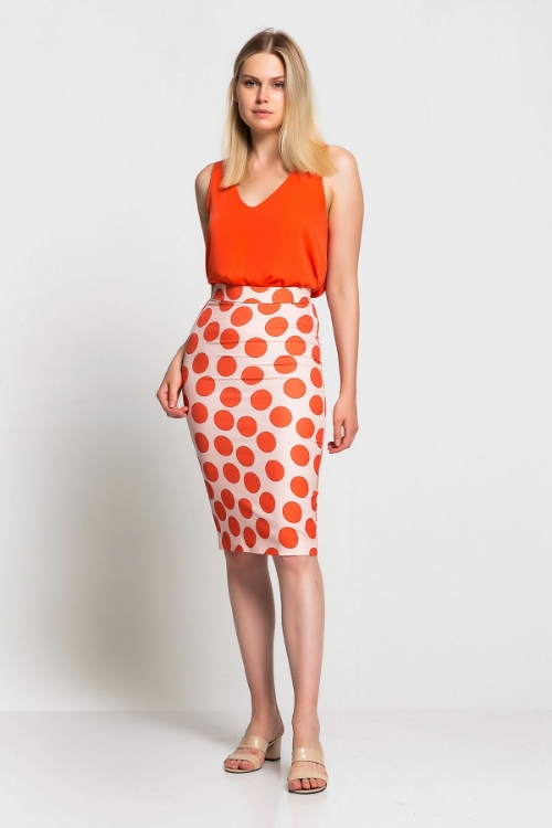 Picture of Woman Coral Polka Dot Pencil Skirt