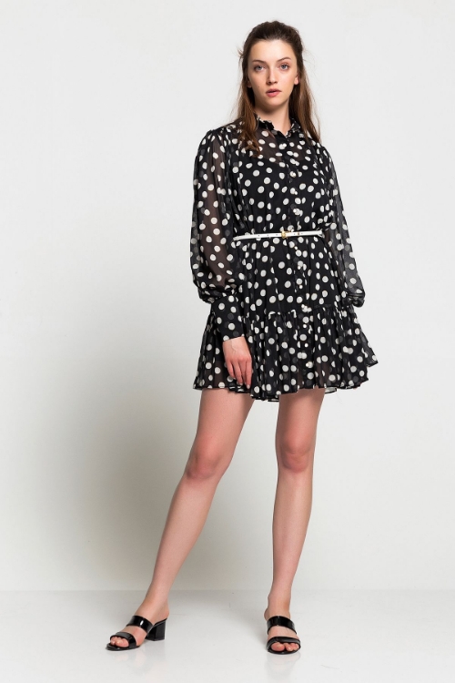 Picture of Woman Black - White Polka Dot Belted Dress