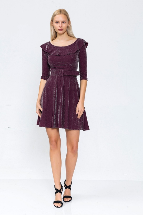 Picture of Woman Purple Silvery Large Neck Belted Dress